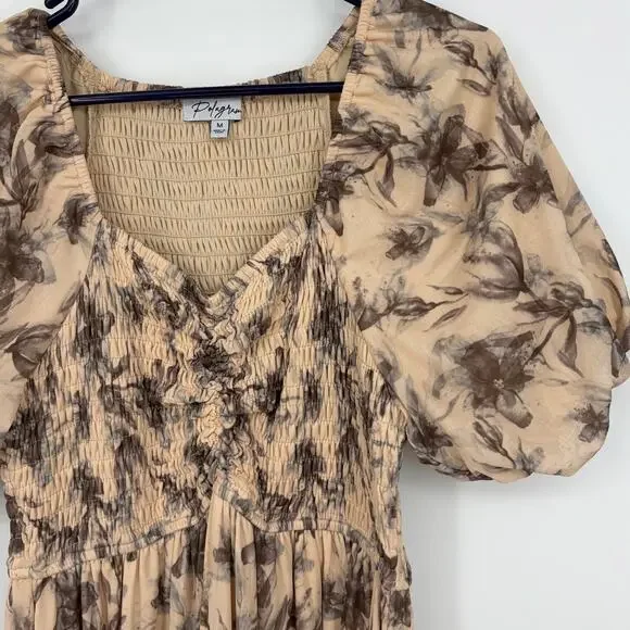 Polagram/Pink Blush Cream Floral Smocked Lined Midi Dress Size Medium - Picture 2 of 7